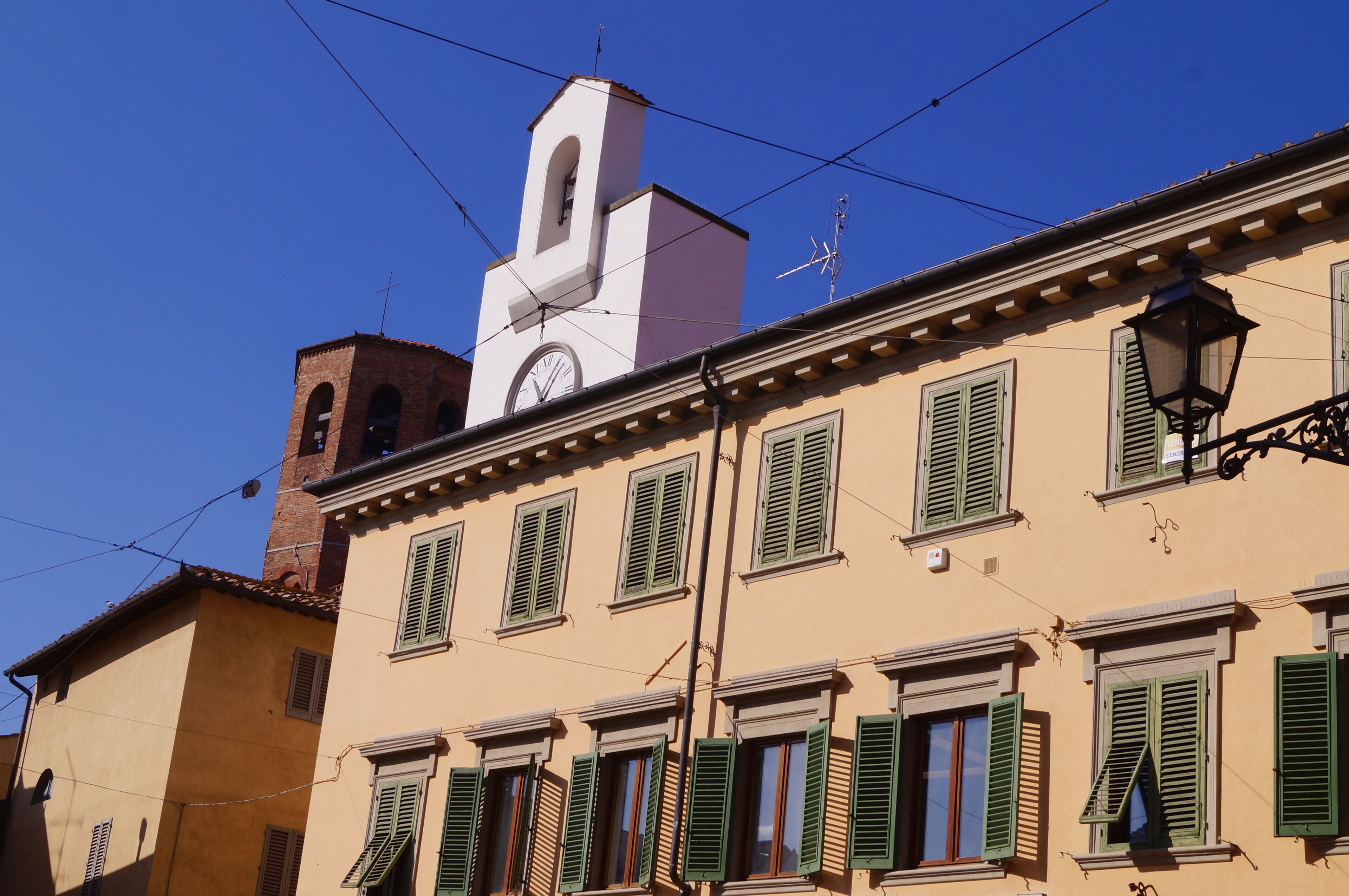 Clock Tower and Hexagonal bell tower of San Lorenzo church , Borgo San Lorenzo, Tuscany, Italy