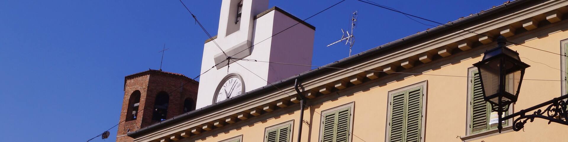 Clock Tower and Hexagonal bell tower of San Lorenzo church , Borgo San Lorenzo, Tuscany, Italy