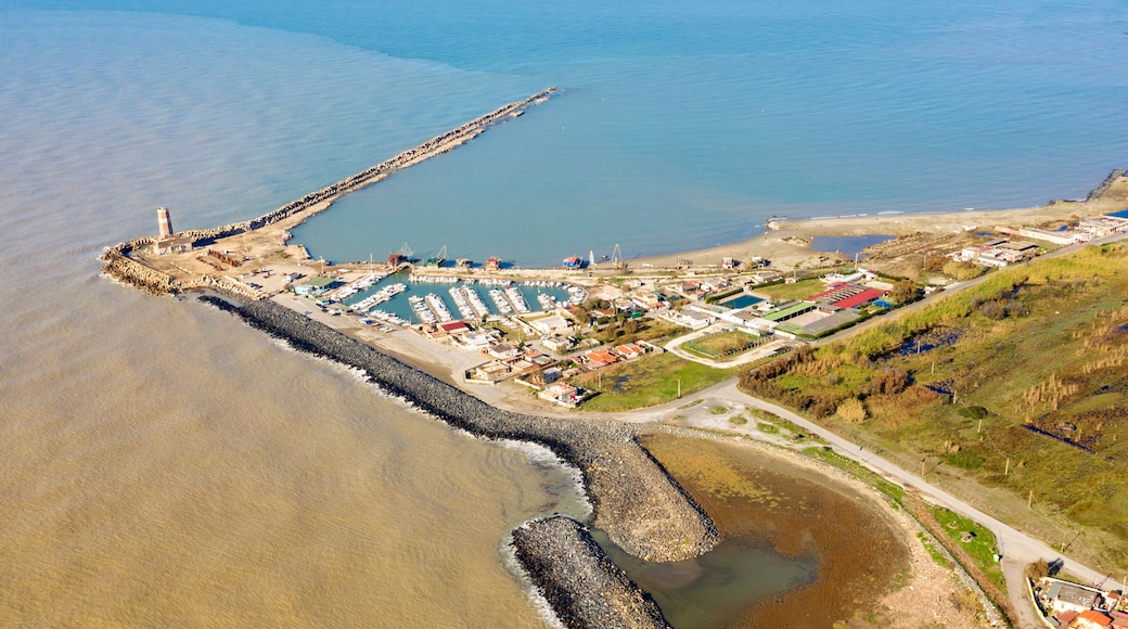 Aerial view of the port with the fishing rigs of Fiumicino, near Rome, Italy.