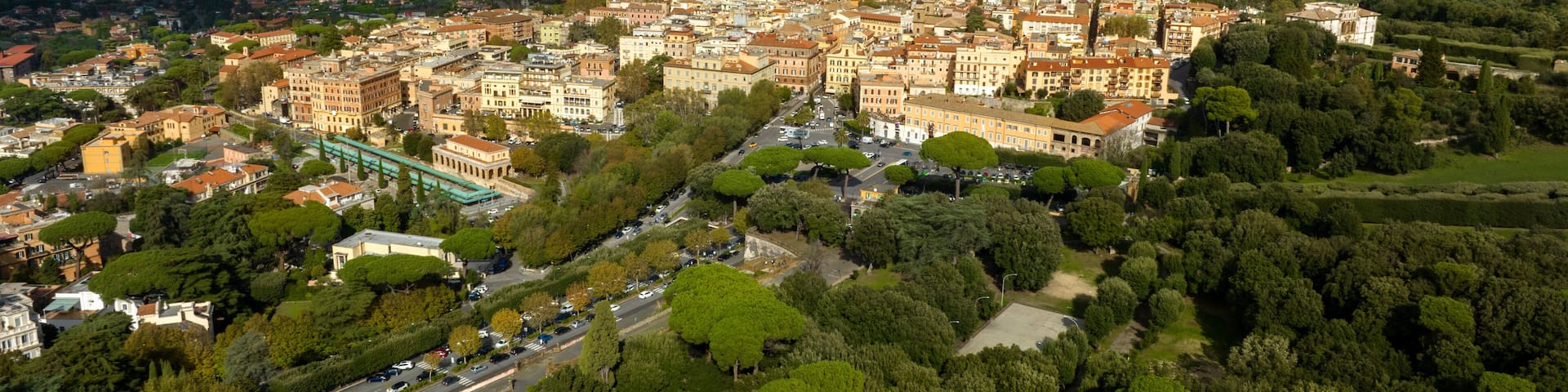 Aerial view of Frascati, a small town in the metropolitan city of Rome Capital, in the area of Roman Castles, in Lazio, Italy.