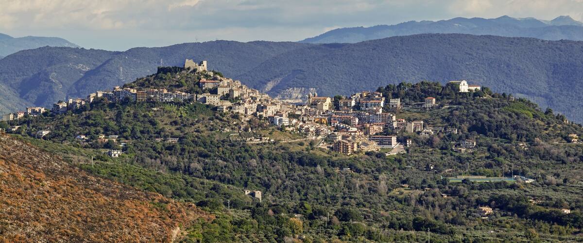 A town on a hill with a castle, surrounded by mountains and trees.