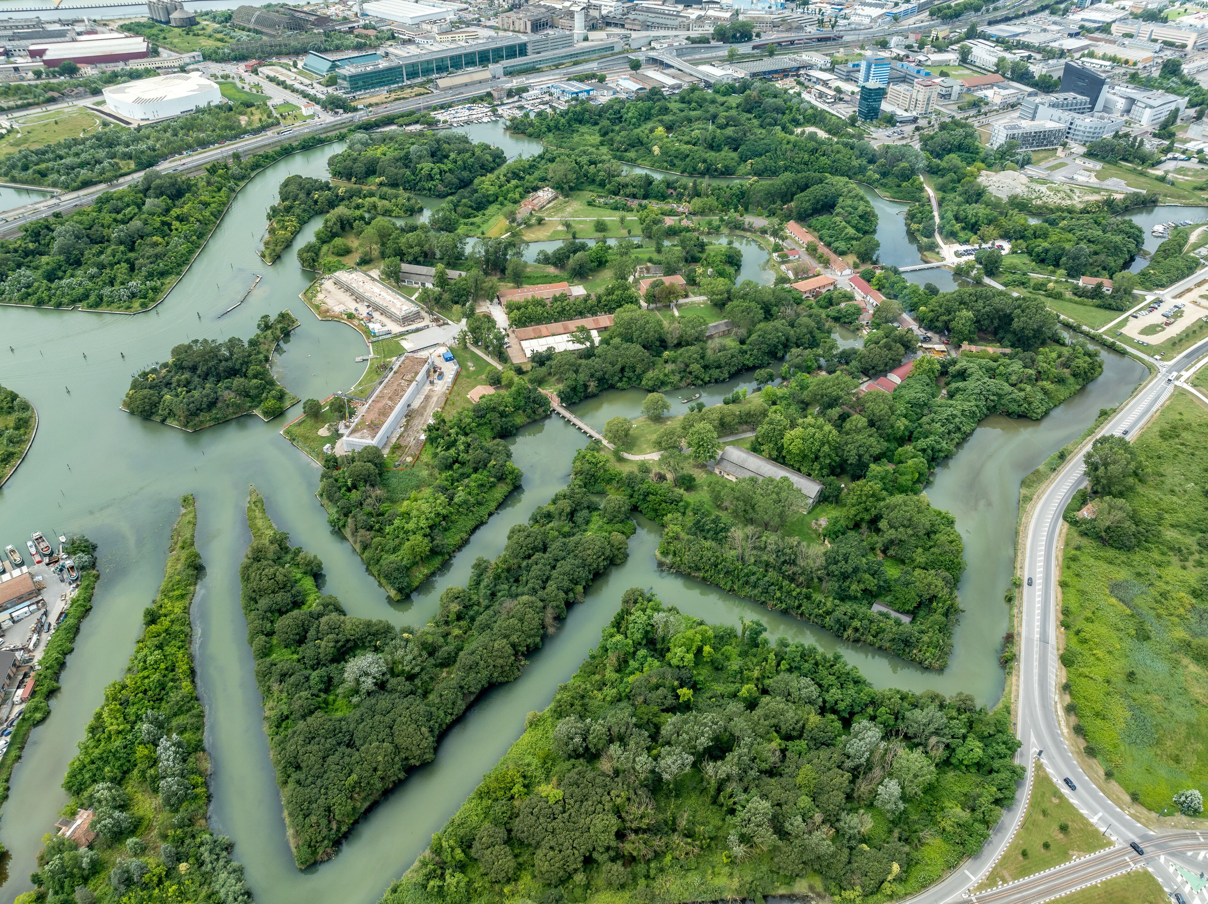 Aerial view of Forte Marghera in Mestre Italy former Austrian fortification protecting Venice with water filled moat, artillery bastion, barracks