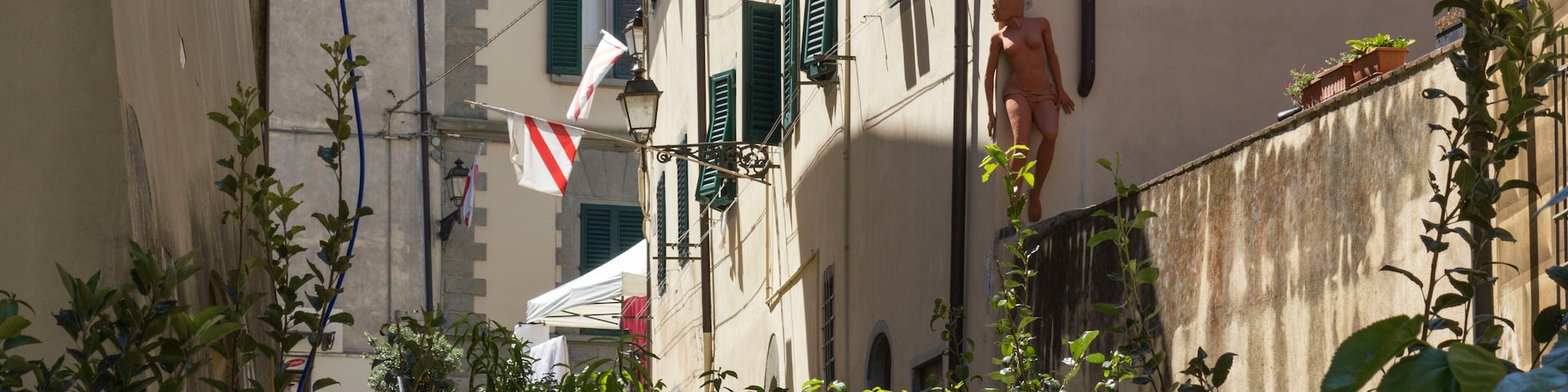A narrow street with buildings, green shutters, and a statue.
