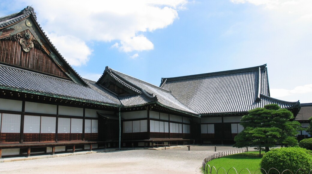 Panoramic view of buildings containing Ninomaru reception rooms at Nijo Castle in Kyoto, Japan. Stitched from 2 images using Canon PhotoStitch 3.1.