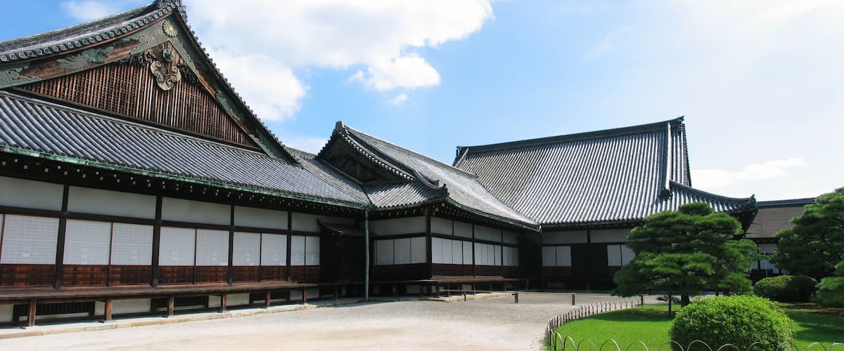 Panoramic view of buildings containing Ninomaru reception rooms at Nijo Castle in Kyoto, Japan. Stitched from 2 images using Canon PhotoStitch 3.1.