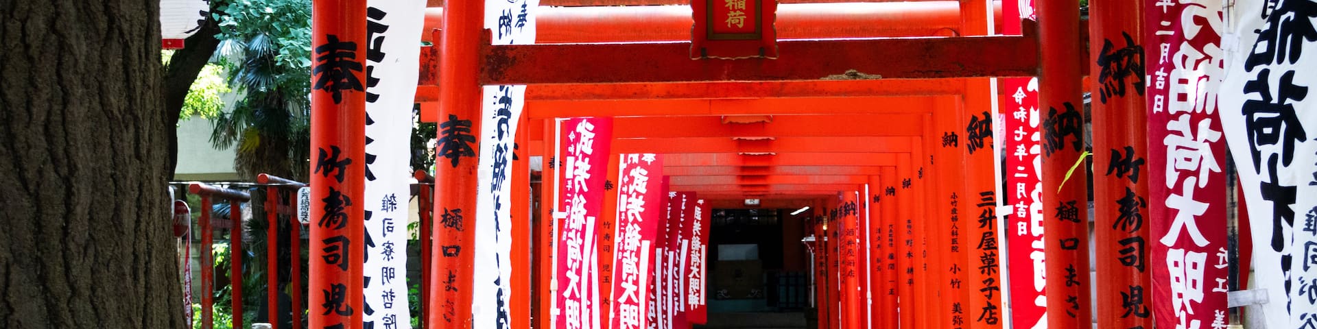 A pathway lined with red torii gates leading to a shrine.