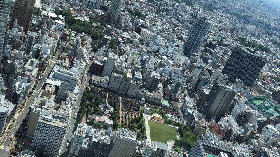 Eine Stadtansicht mit vielen Hochhäusern, einem weitläufigen Park und einem fernen Gebirge.