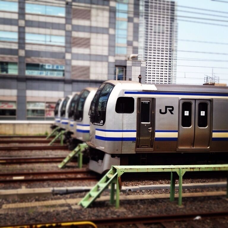 JR Kinshicho station. Lined up resting trains after the rush hour in Tokyo. 