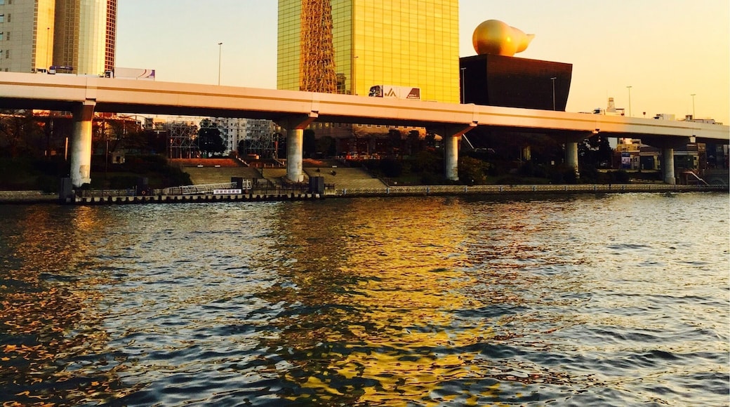 Tokyo Skytree reflected in Asahi's Headquarters on the Sumida River