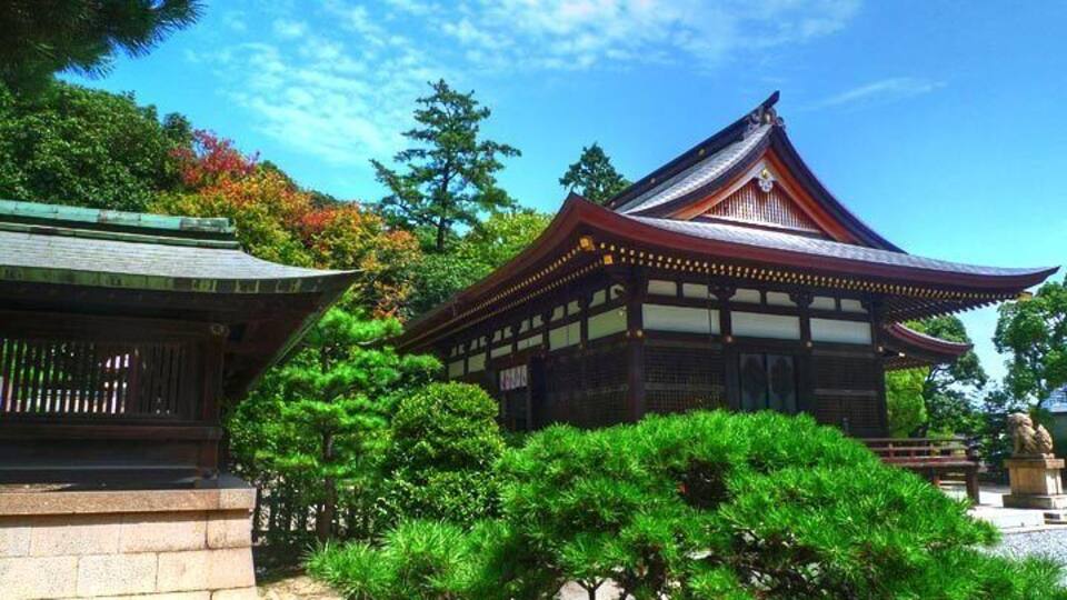 Ein traditionelles japanisches Gebäude mit einem gewölbten Dach, umgeben von üppiger Vegetation und Bäumen.