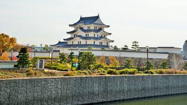 Um castelo japonês tradicional com vários andares, cercado por um muro de pedra e vegetação exuberante.