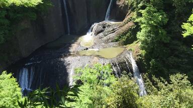 A multi-tiered waterfall surrounded by dense forest.