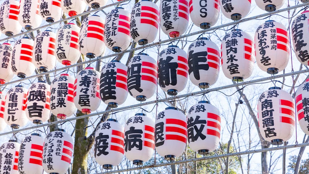 A row of traditional Japanese lanterns with inscriptions.
