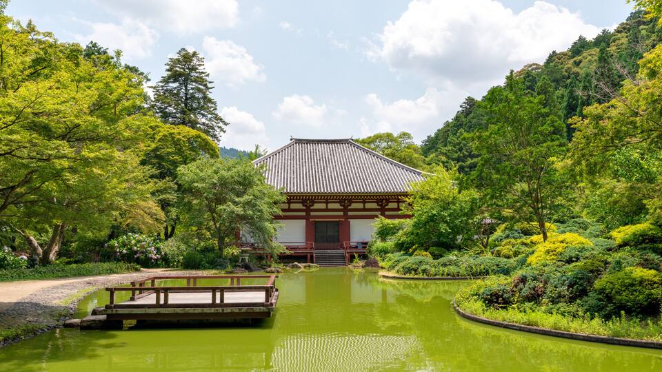 A traditional Japanese building surrounded by lush greenery and a calm pond.