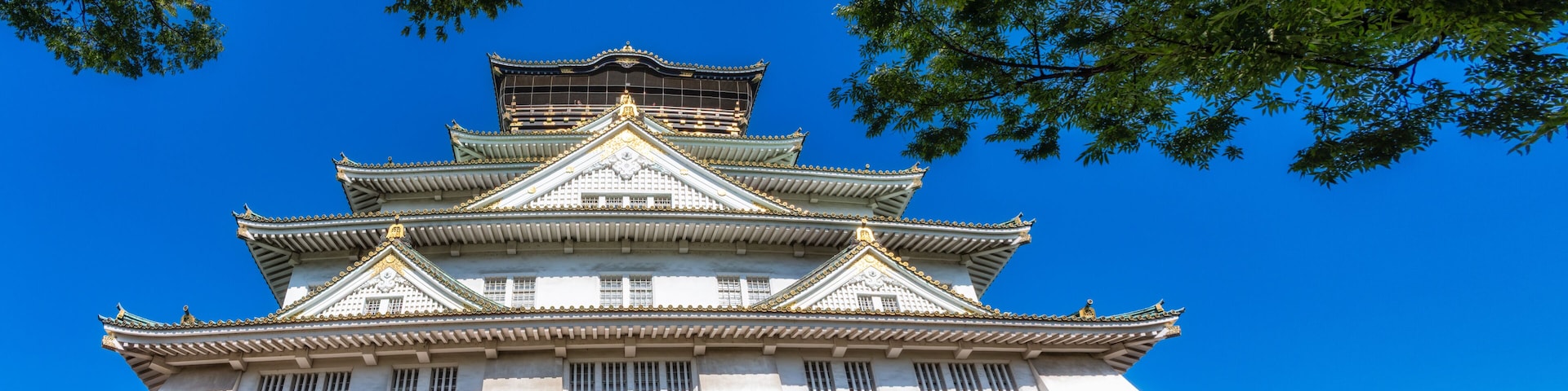 Um castelo japonês tradicional com vários níveis, paredes brancas e detalhes dourados, cercado por céu azul límpido e folhagem verde.