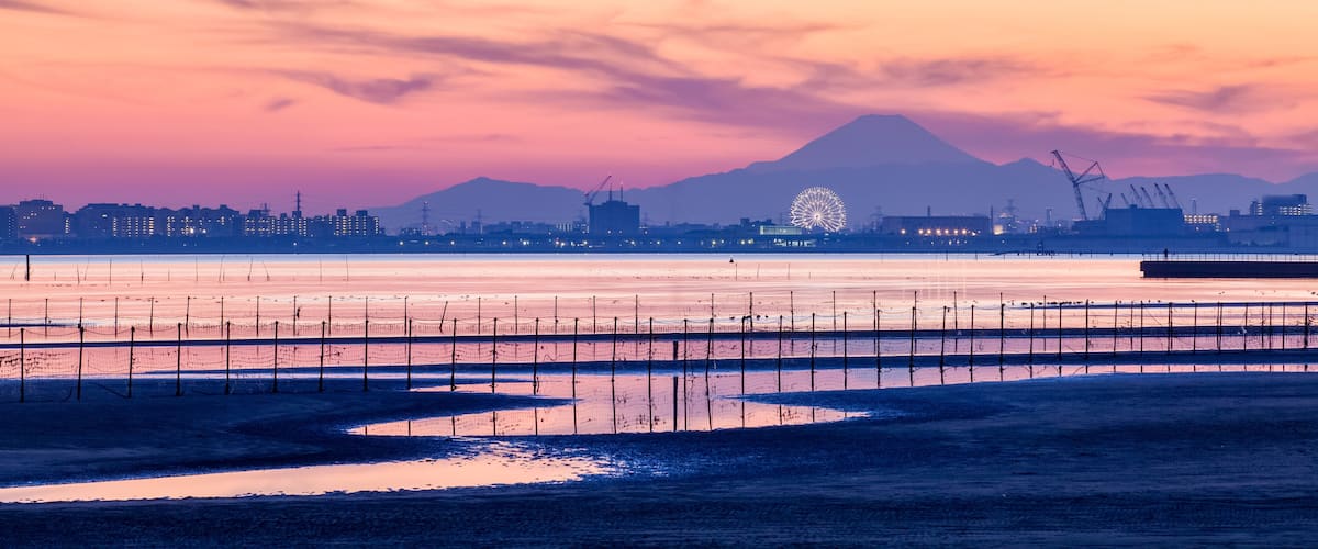 A coastal landscape with a mountain in the background, a Ferris wheel, and industrial buildings.