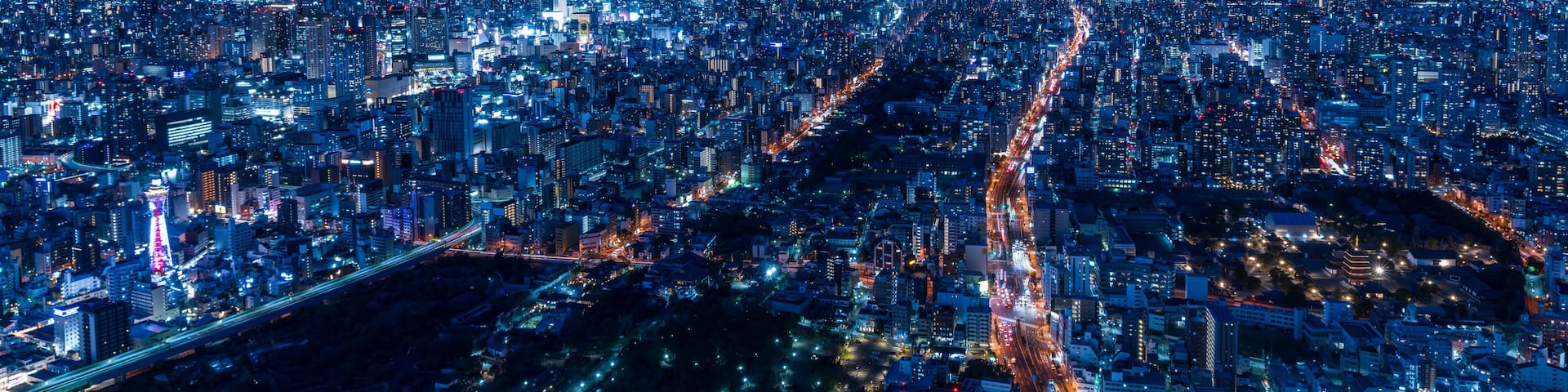 A densely populated cityscape at night with numerous illuminated buildings and busy roads.