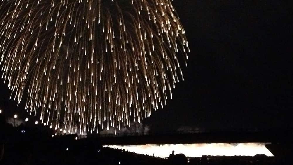 Un ciel nocturne illuminé par un grand feu d’artifice circulaire.
