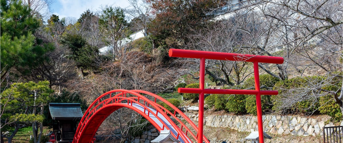 An arched bridge in the garden on Kannoji temple in Nishinomiya, Hyogo, Japan