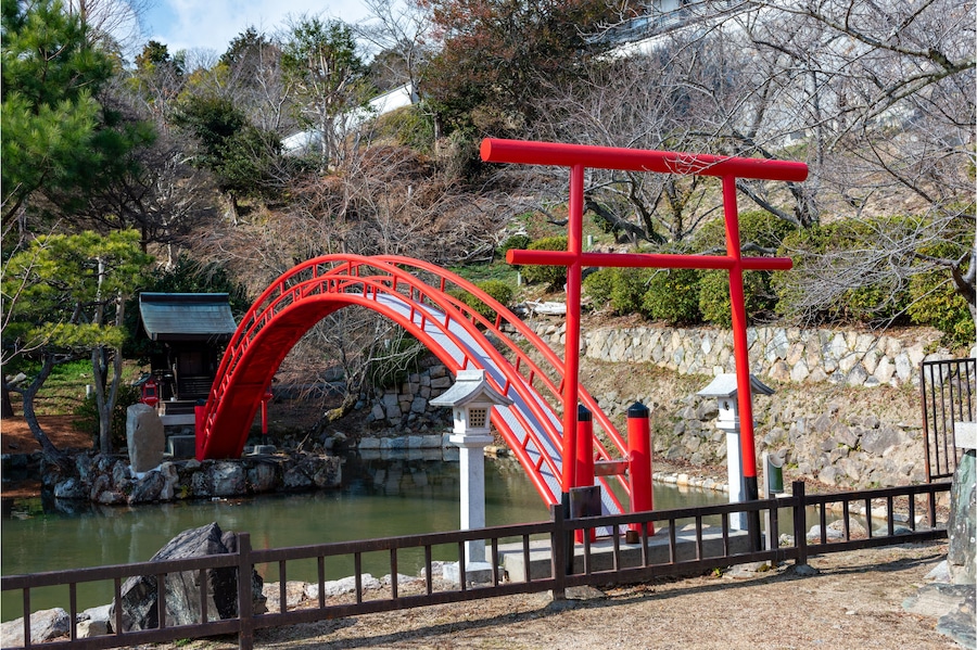 An arched bridge in the garden on Kannoji temple in Nishinomiya, Hyogo, Japan