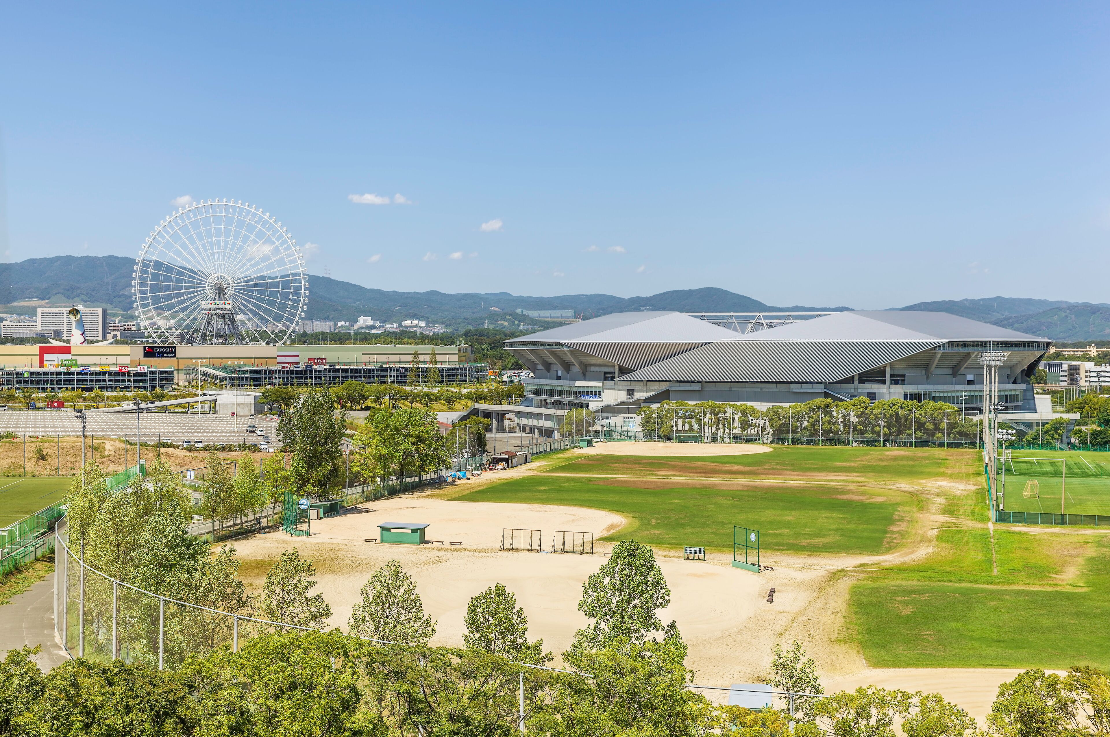 A baseball stadium with a large field, a Ferris wheel, and mountains in the background.