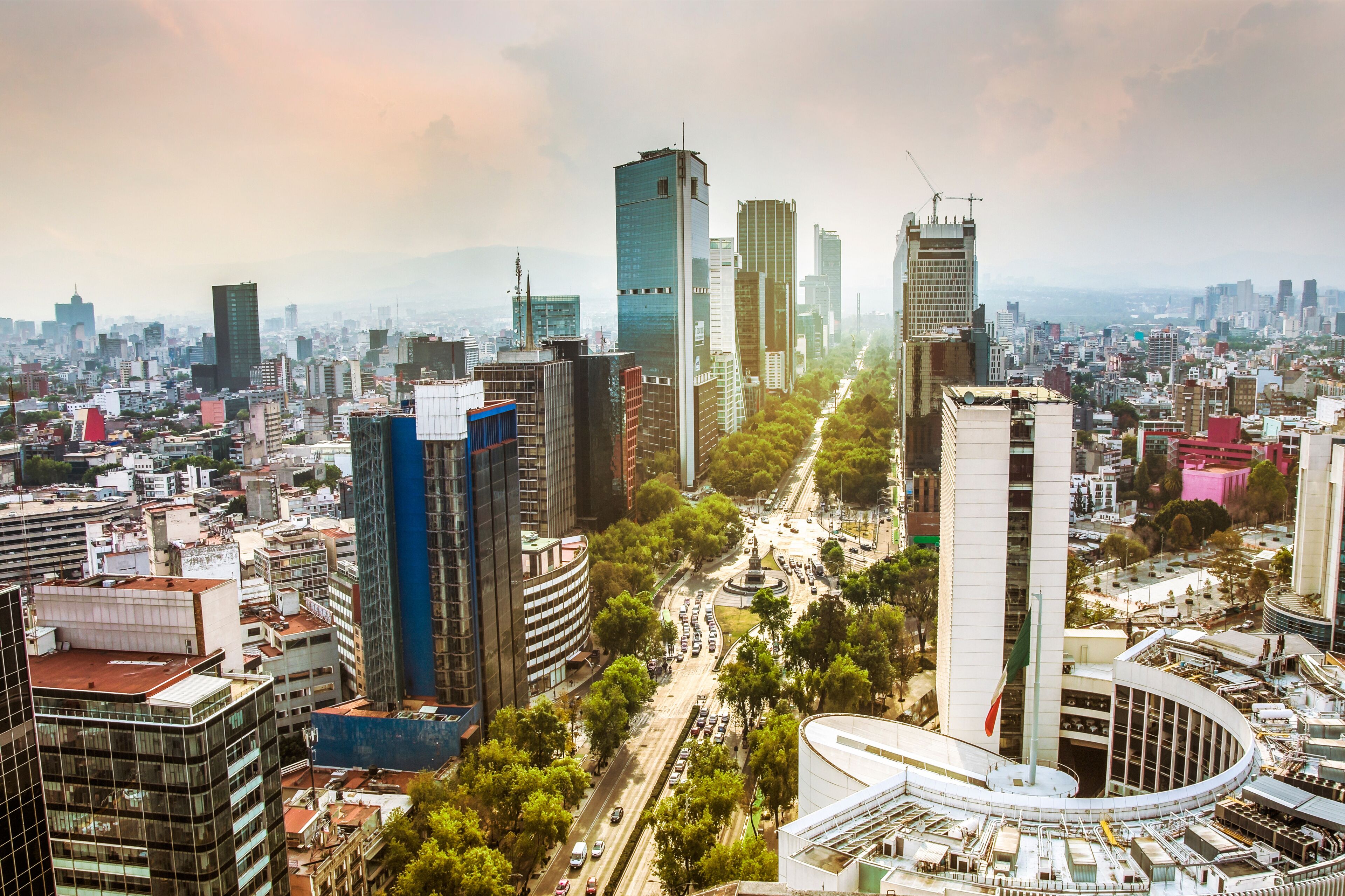 Skyline in Mexico City, Reforma aerial view at sunset time