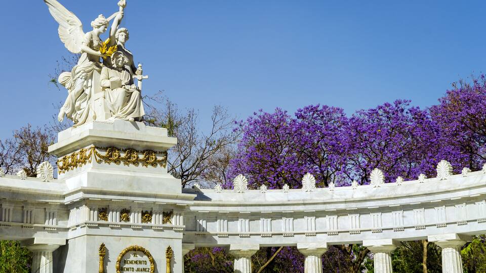 A white monument with a statue of an angel and a man, surrounded by purple flowering trees.