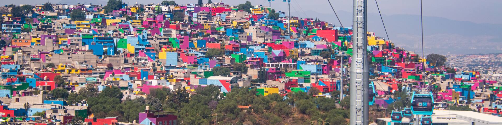 View of the Iztapalapa neighborhood from the Cablebús, a gondola lift, aerial tram and part of the city's public transportation system.
