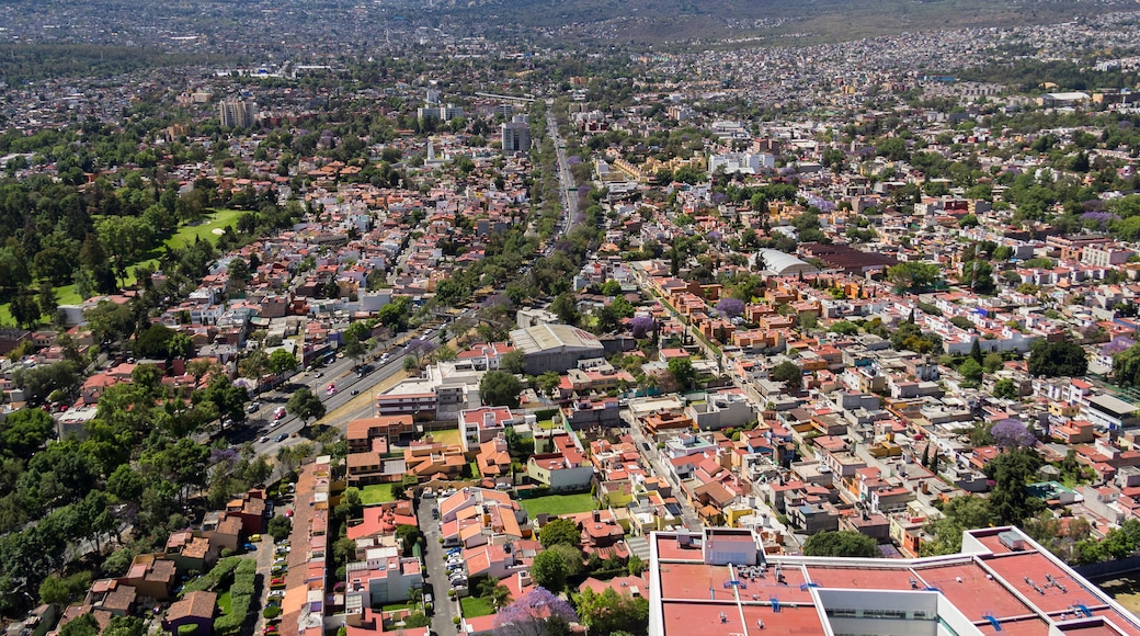 Aerial view of the Mexican district Tlalpan, in the south of Mexico City, with the viaduct and Mexican Golf Club, in the back the mountain Ajusco