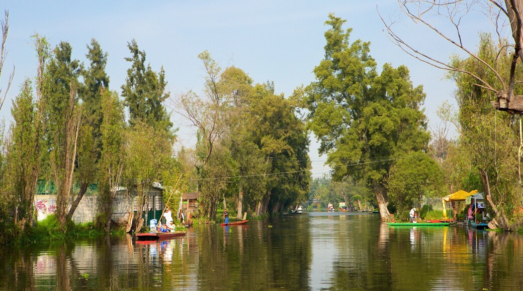 Xochimilco mostrando paseos en lancha y un río o arroyo
