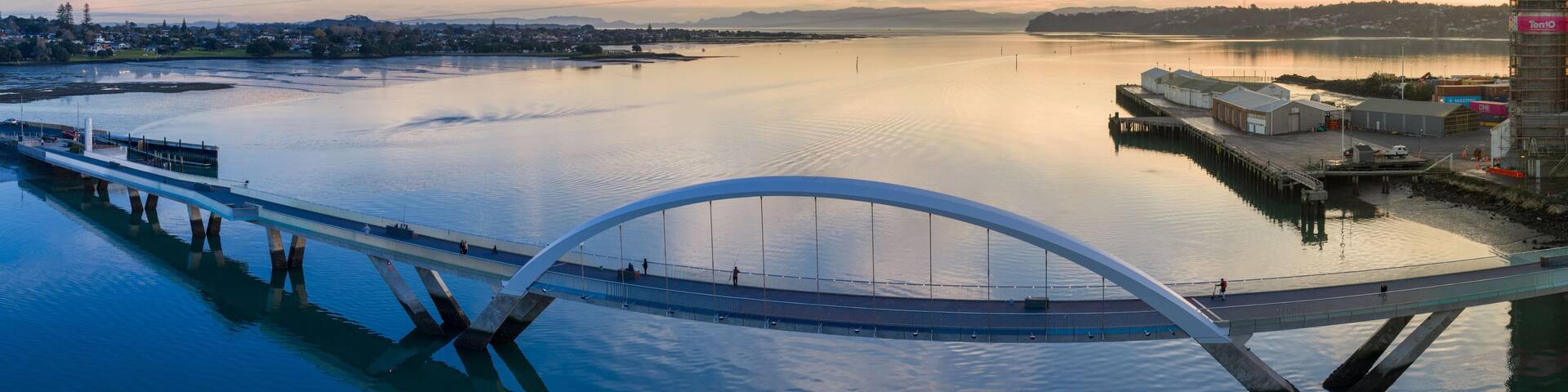 A white bridge with a curved arch over a calm river, surrounded by a cityscape with buildings and a distant mountain range.