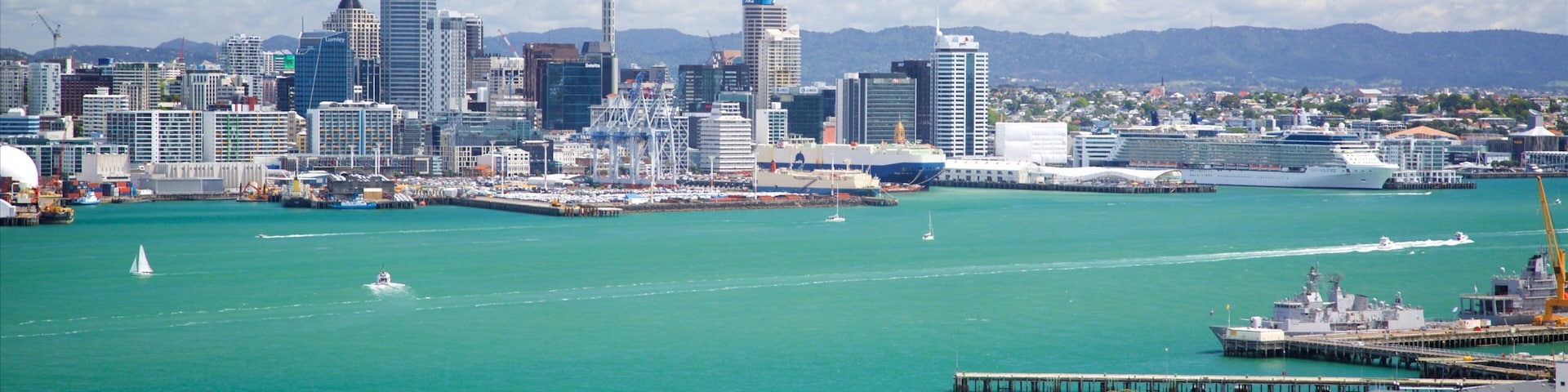 Un paisaje urbano costero con una torre destacada, un crucero amarrado y un puerto deportivo con barcos.