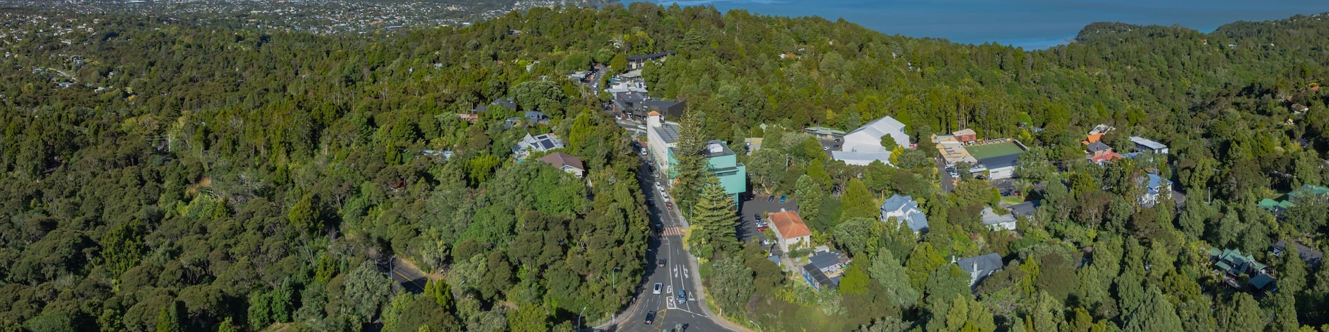 Aerial view of Titirangi, Auckland, New Zealand, showing a road winding through lush green forest. Cars navigate a roundabout, connecting the city to the coast.