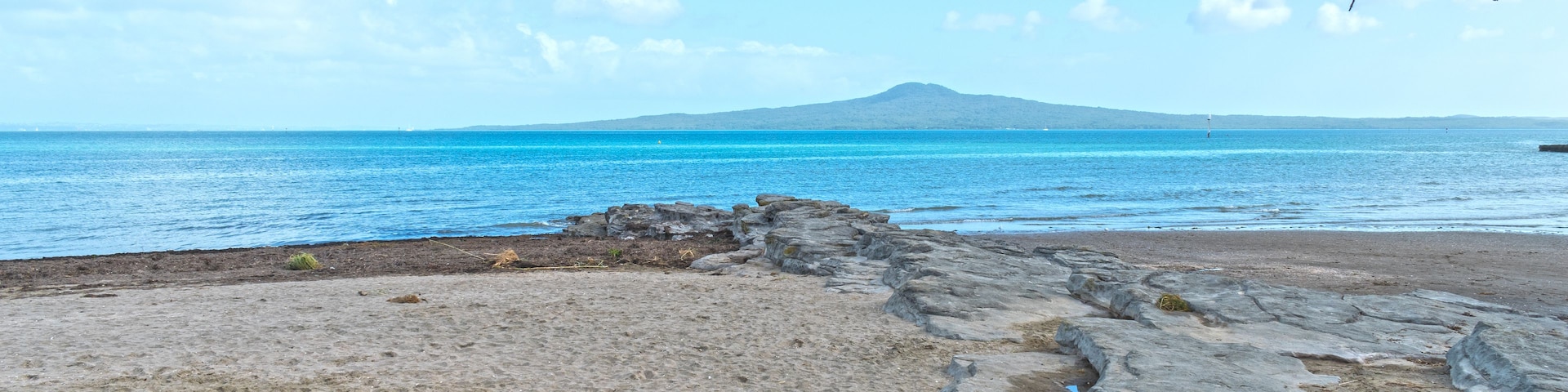 Uma praia com águas azul-claras, um litoral rochoso e uma área gramada em primeiro plano.