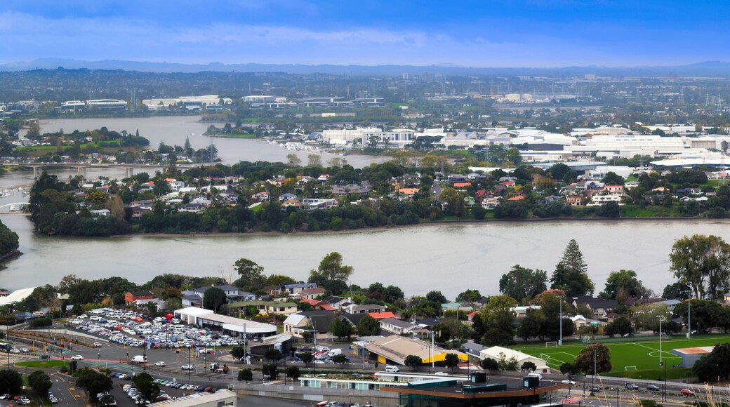 A river flowing through a city with industrial buildings, residential areas, and a bridge.