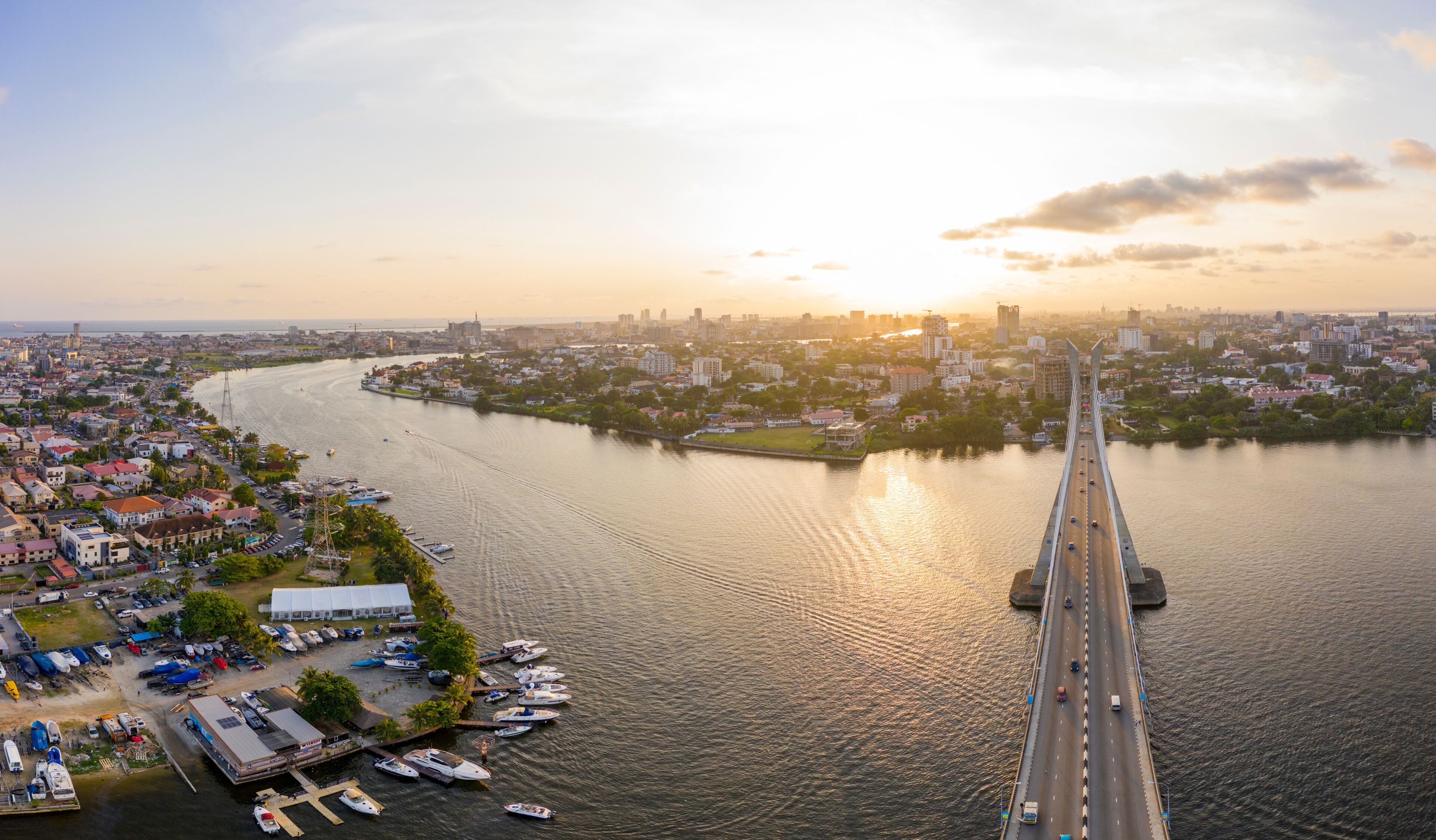 Panoramic view of Lagos Lekki Ikoyi link bridge showing parts of Lekki, Ikoyi and Banana Island, Nigeria.