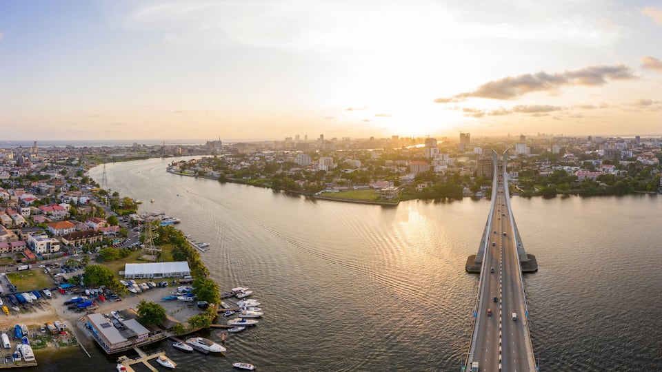 Panoramic view of Lagos Lekki Ikoyi link bridge showing parts of Lekki, Ikoyi and Banana Island, Nigeria.