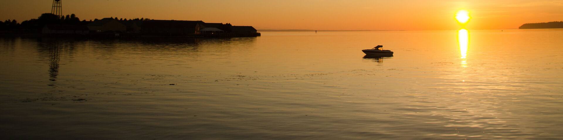 Sunset in Semiahmoo Bay with water tower in the background