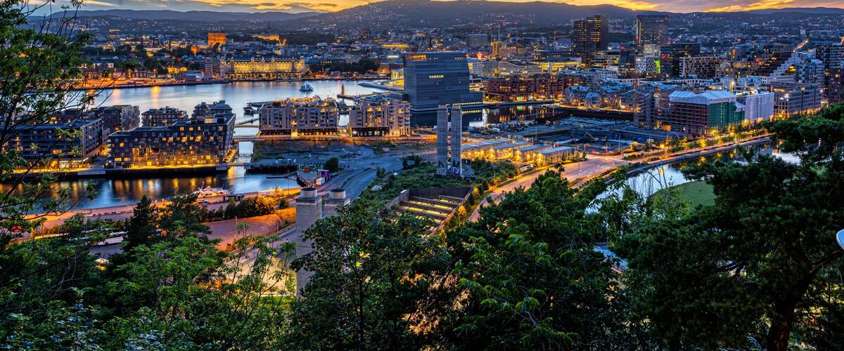 The skyline of the norwegian capital Oslo after a beautiful sunset