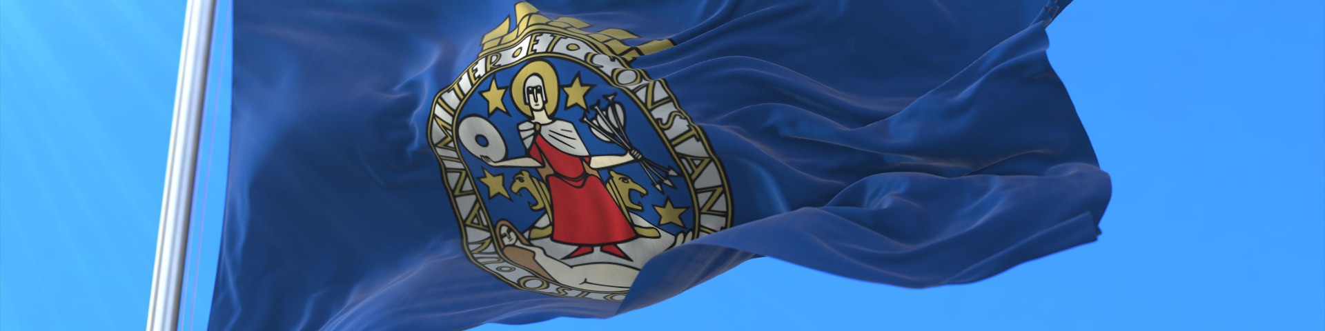 Un drapeau orné d’un emblème central, flottant au sommet d’un mât, sur un fond de ciel bleu clair.