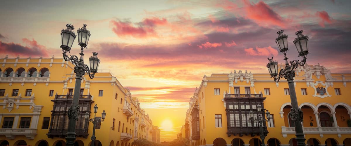 Sunset at Plaza Mayor Lima Peru with Colonial Architecture and copy space