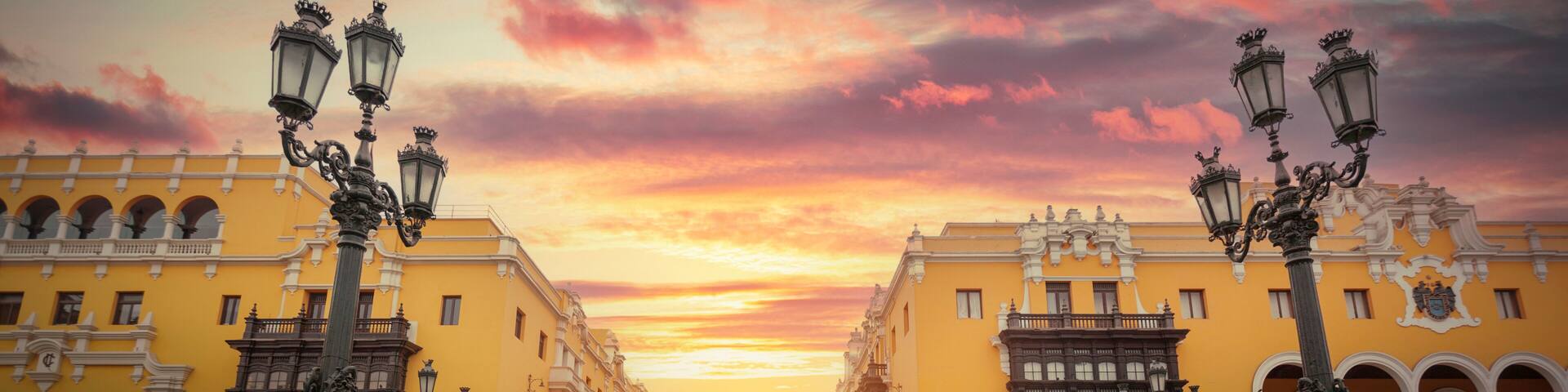 Sunset at Plaza Mayor Lima Peru with Colonial Architecture and copy space