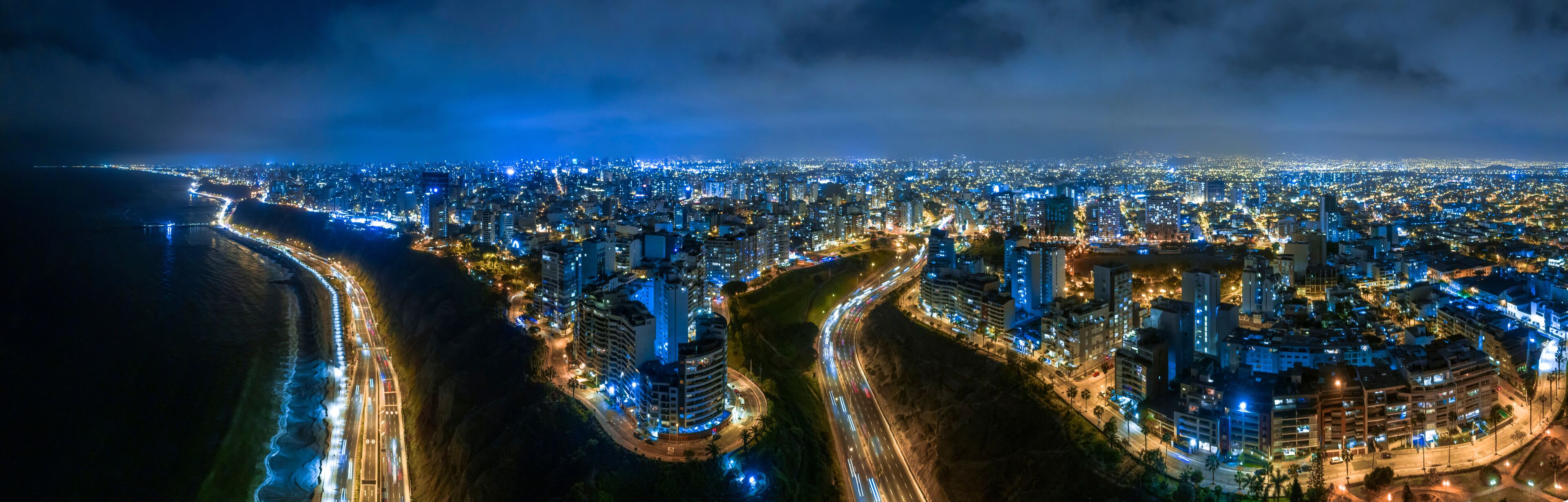 Night panoramic view of the Costa Verde high way, San Miguel - Lima, Peru.