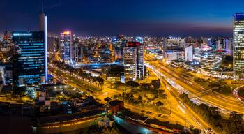 A cityscape at night with illuminated skyscrapers, busy highways, and a clear sky.