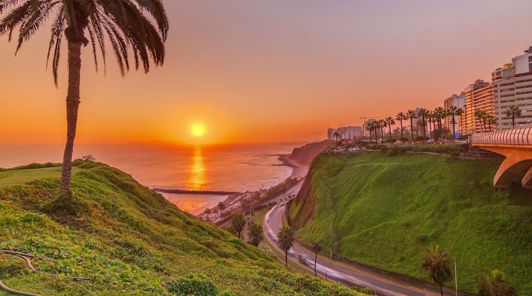 Aerial sunset view of Lima's Coastline in the neighborhood of Miraflores timelapse, Lima, Peru