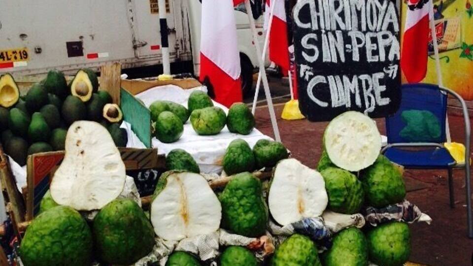 Ein Obststand mit Guaven und einem Schild, auf dem 'CHIRIMOYAS SIN PEPA' steht.