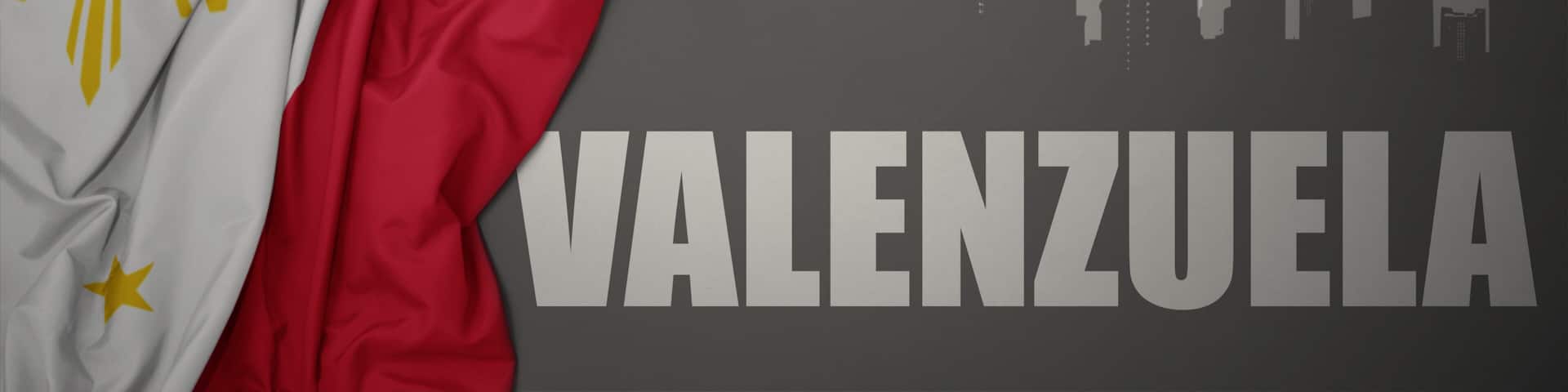 abstract silhouette of the city with text Valenzuela near waving national flag of philippines on a gray background.3D illustration