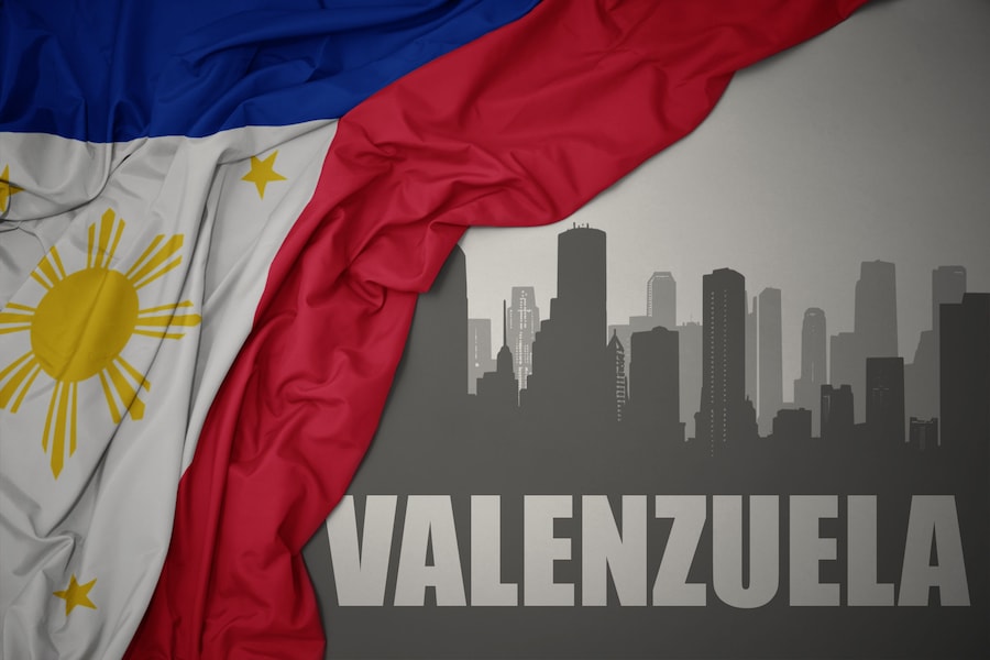 abstract silhouette of the city with text Valenzuela near waving national flag of philippines on a gray background.3D illustration