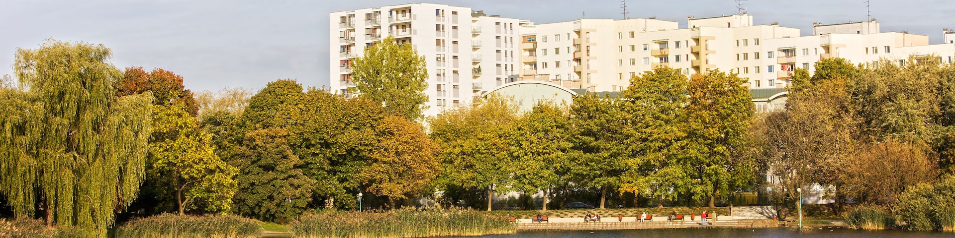 Apartment buildings with view over the Szczesliwicki Park in Warsaw, Poland, early autumn