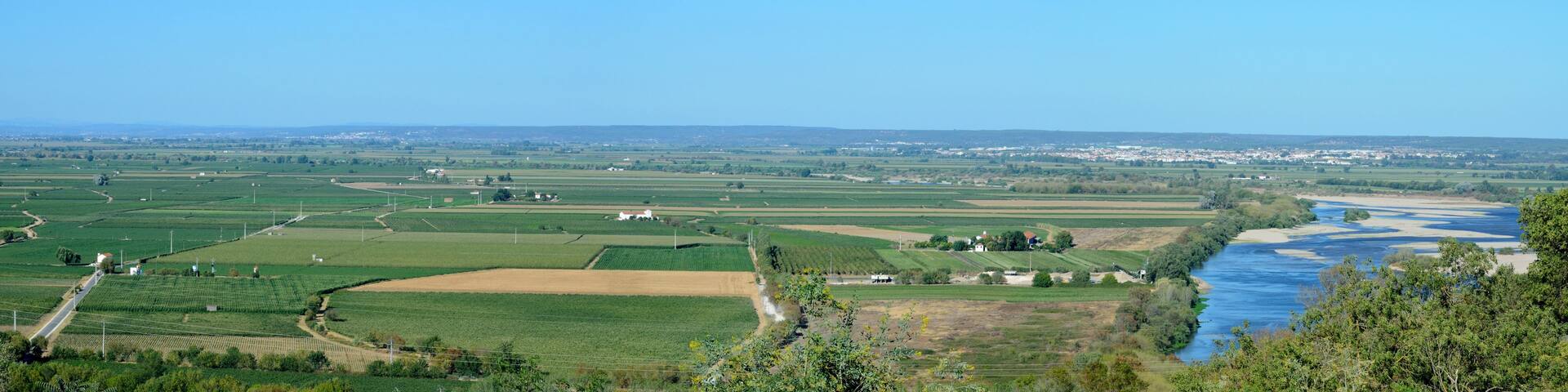 A river winding through green fields with scattered buildings and wind turbines.